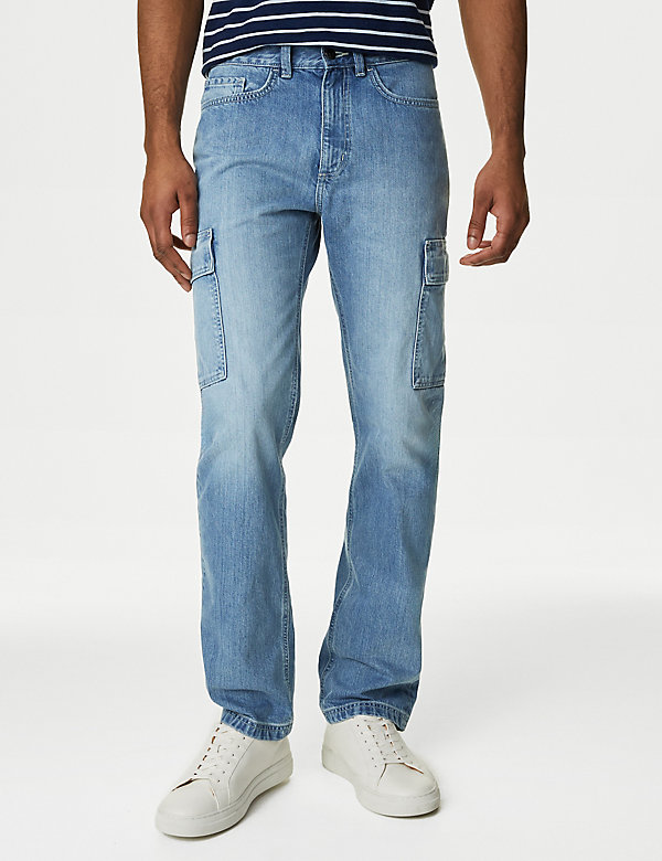 Straight Fit Denim Cargo Jeans - QA