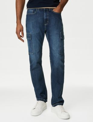 M&S Mens Straight Fit Denim Cargo Jeans - 3029 - Medium Blue, Medium Blue,Light Blue