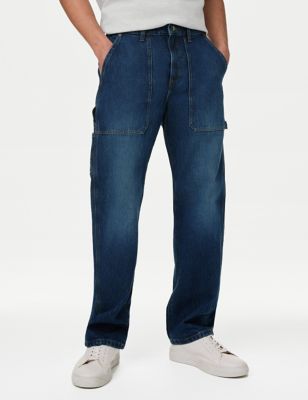 M&S Mens Loose Fit Carpenter Jeans - 3233 - Medium Blue, Medium Blue,Light Blue
