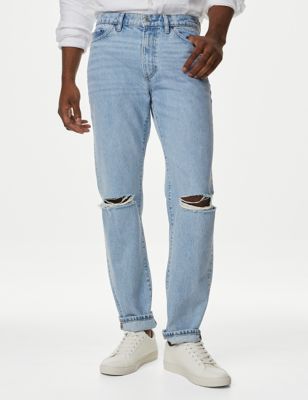 

Mens M&S Collection Straight Fit Pure Cotton Ripped Jeans - Soft Blue, Soft Blue