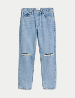 Straight Fit Pure Cotton Ripped Jeans