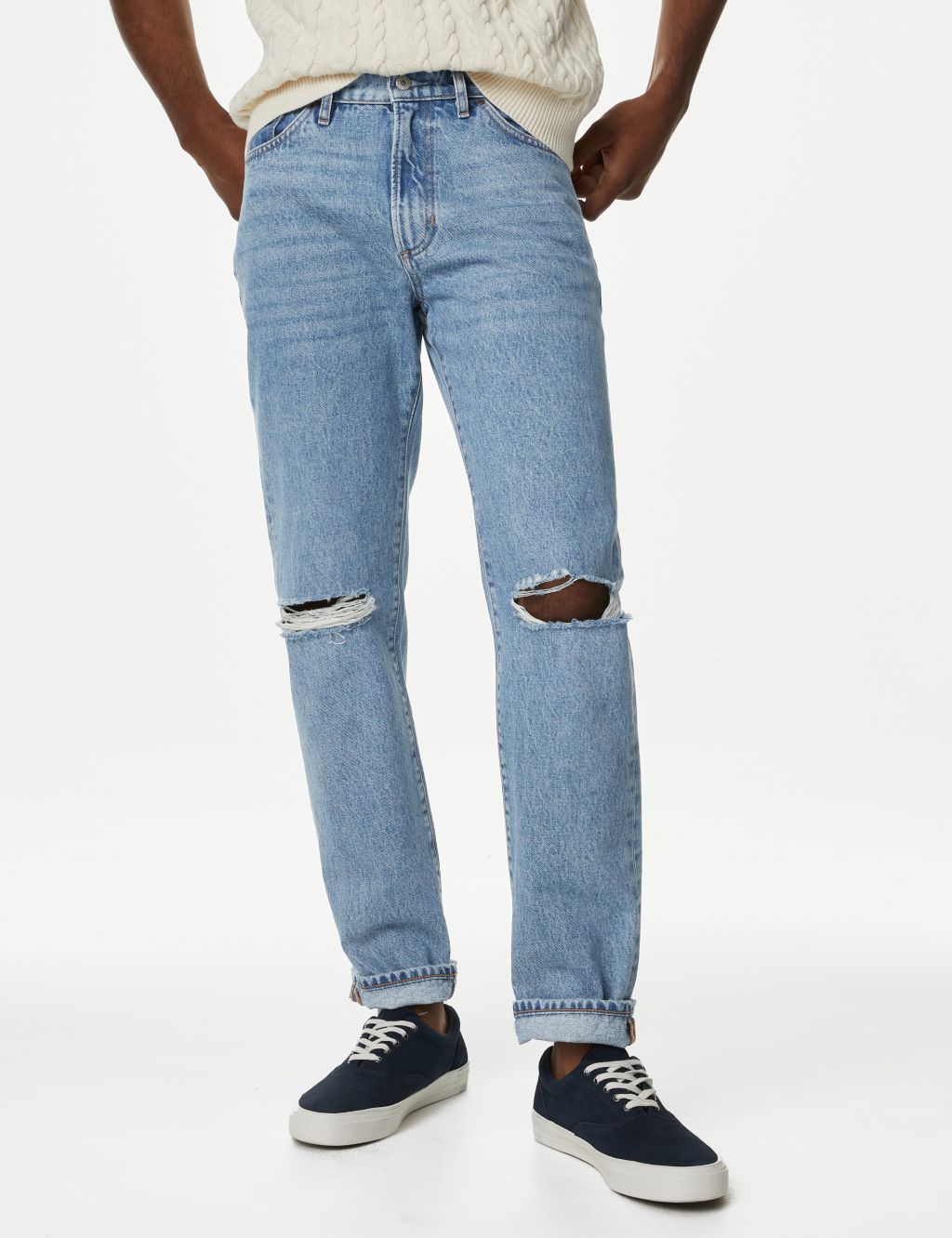 Straight Fit Pure Cotton Ripped Jeans image 1
