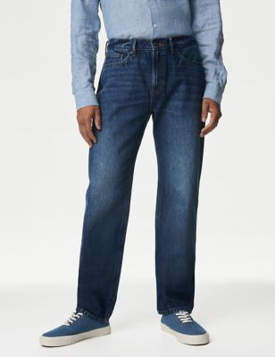 M&S Men's Straight Fit Pure Cotton Marbled Vintage Wash Jeans - 3433 - Medium Blue, Medium Blue,Ligh
