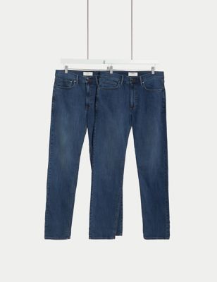 M&S Mens 2pk Straight Fit Stretch Jeans - 3429 - Medium Blue, Medium Blue