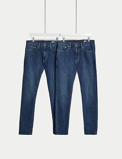M&S Collection 2Pk Slim Fit Stretch Jeans - 4031 - Medium Blue, Medium Blue