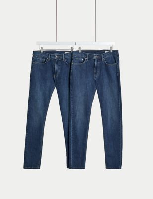 M&S Mens 2pk Slim Fit Stretch Jeans - 3633 - Medium Blue, Medium Blue