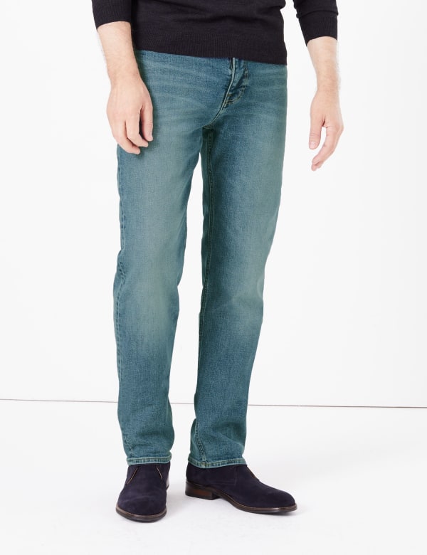 Straight Fit Vintage Wash Stretch Jeans