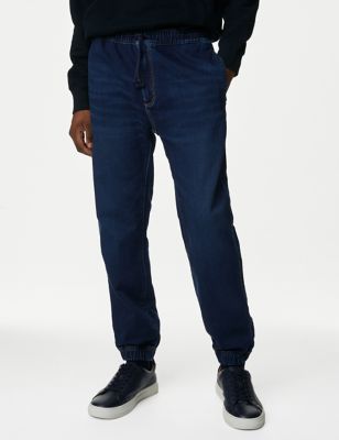 M&S Mens Regular Fit Jersey Cuffed Jogger Jeans - Indigo, Indigo,Black