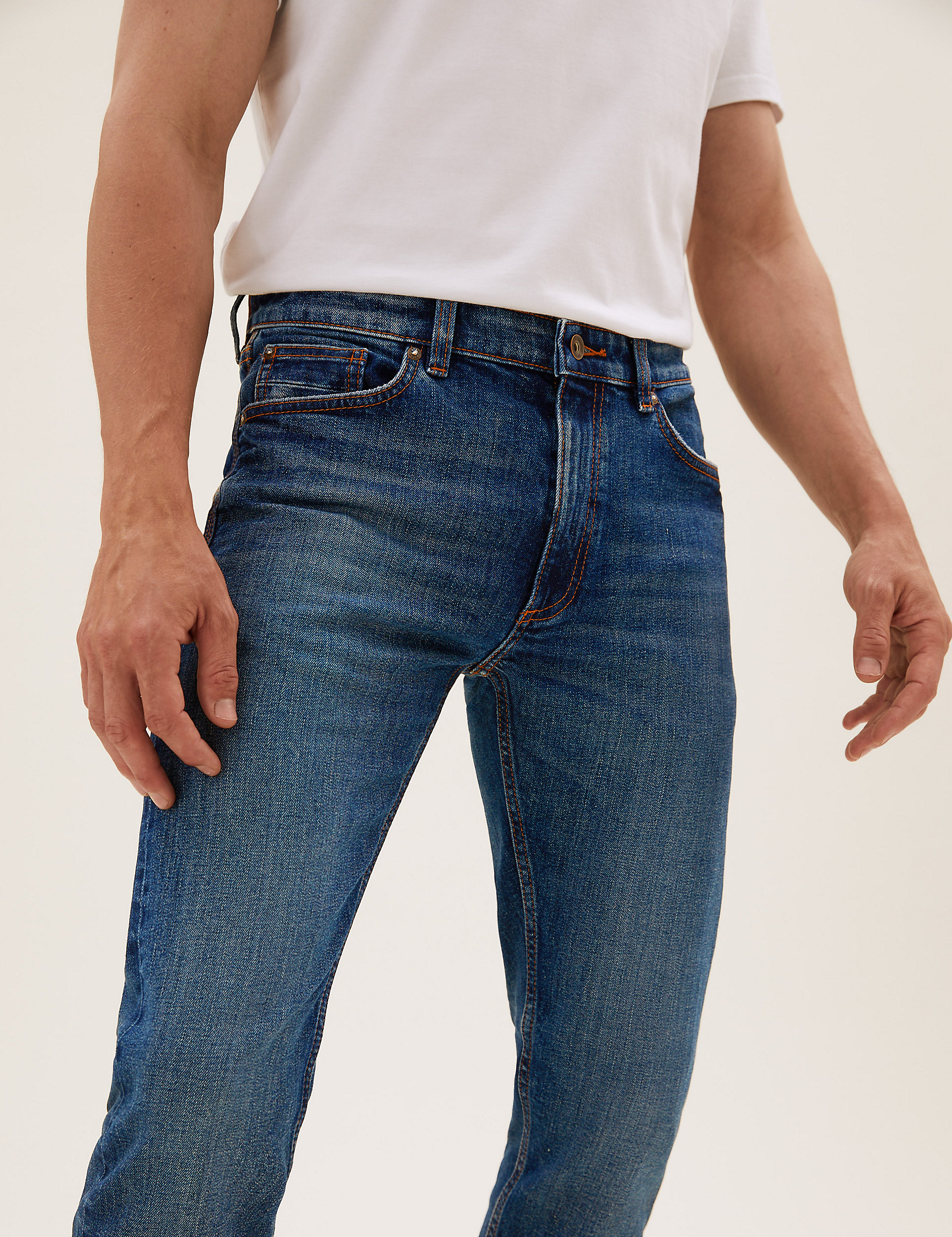 Tapered Fit Vintage Wash Stretch Jeans Marks & Spencer Men Clothing Jeans Stretch Jeans 