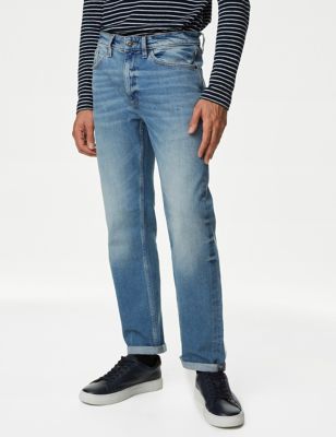M&S Mens Straight Fit Vintage Wash Stretch Jeans - 3433 - Light Blue, Light Blue,Medium Blue,Indigo,