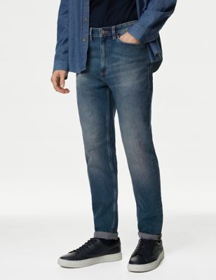 M&S Mens Tapered Fit Vintage Wash Stretch Jeans - 3029 - Medium Blue, Medium Blue,Indigo,Light Blue
