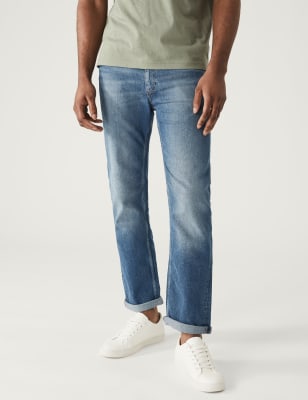 

Mens M&S Collection Straight Fit Belted Vintage Wash Jeans - Medium Blue, Medium Blue