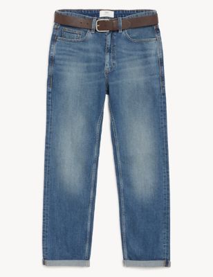 Straight Fit Belted Vintage Wash Jeans