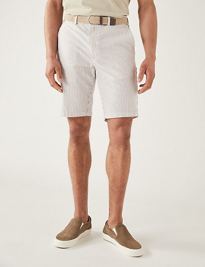 Pure Cotton Seersucker Belted Chino Shorts