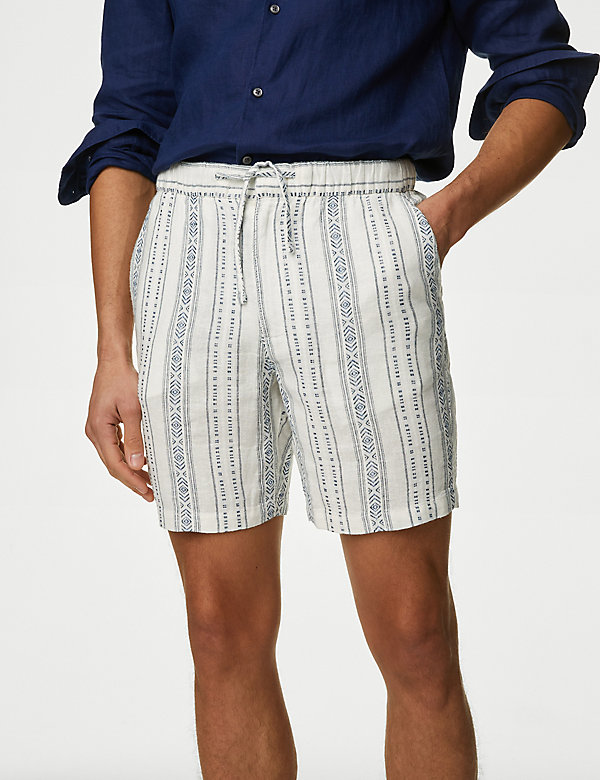 Linen Rich Elasticated Waist Striped Shorts - NZ