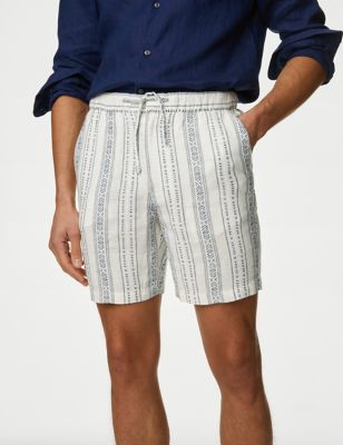 M&S Mens Linen Rich Elasticated Waist Striped Shorts - Blue Mix, Blue Mix