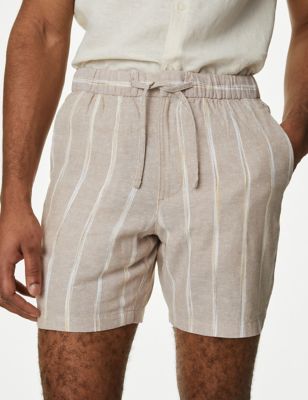 M&S Men's Linen Rich Elasticated Waist Striped Shorts - M - Natural Mix, Natural Mix