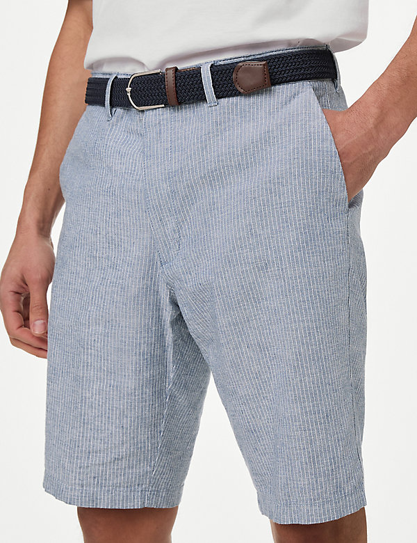 Linen Blend Striped Belted Chino Shorts - DK