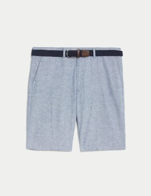 Linen Blend Striped Belted Chino Shorts