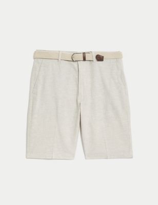 Linen Blend Striped Belted Chino Shorts