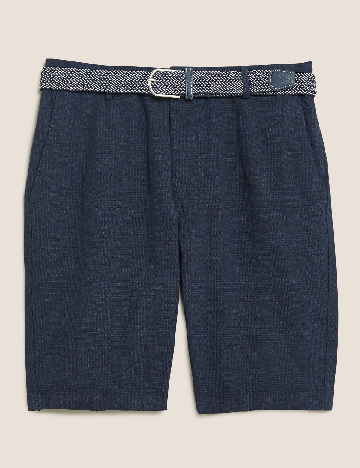 Checked Belted Linen Shorts