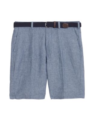 

Mens M&S Collection Linen Blend Belted Chino Shorts - Navy, Navy