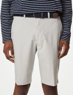 M&S Mens Striped Belted Stretch Chino Shorts - 30 - Natural Mix, Natural Mix