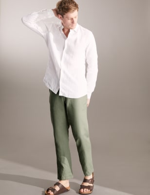 

JAEGER Mens Tapered Fit Pure Linen Drawstring Trousers - Sage, Sage