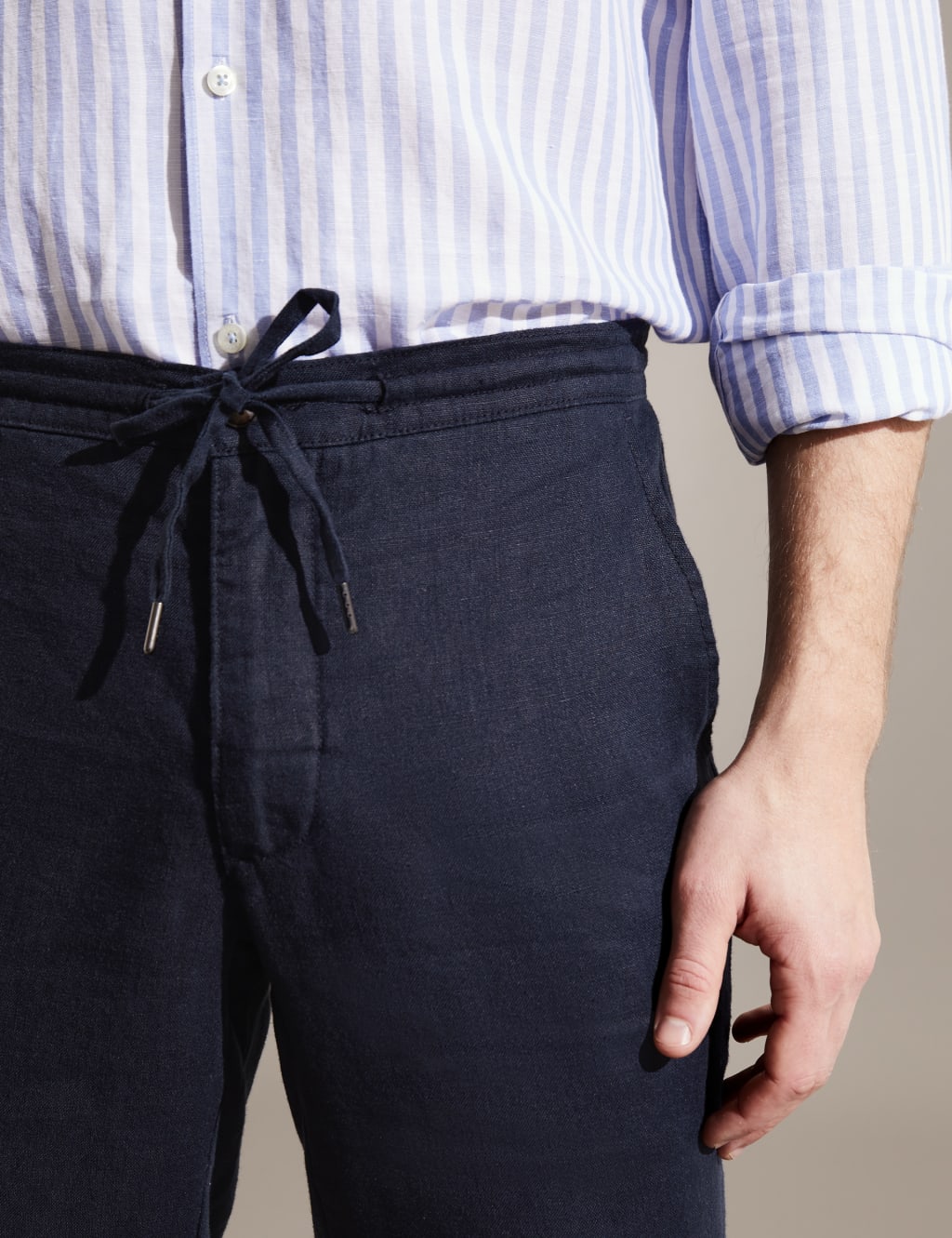 Tapered Fit Pure Linen Drawstring Trousers image 3