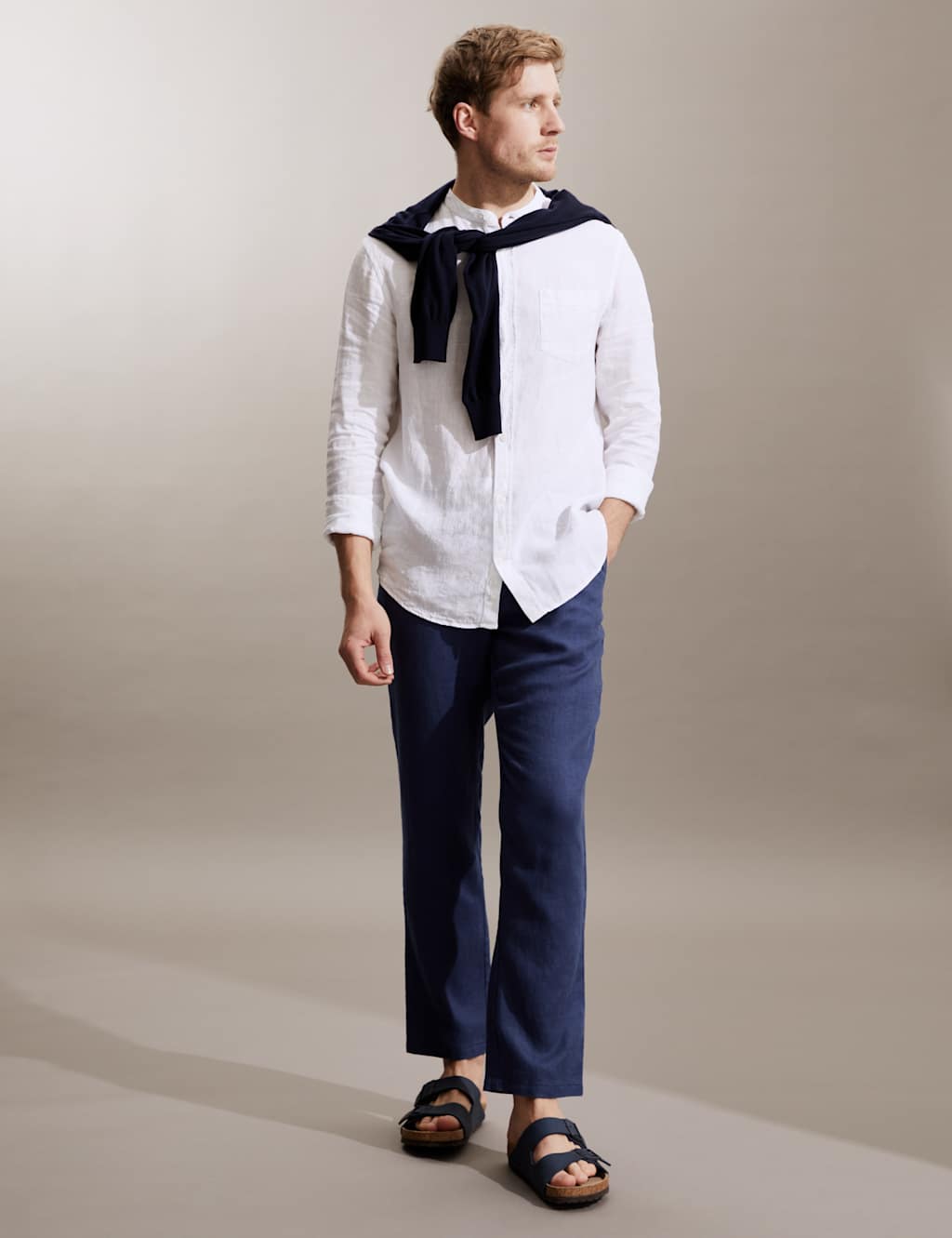 Tapered Fit Pure Linen Drawstring Trousers image 3