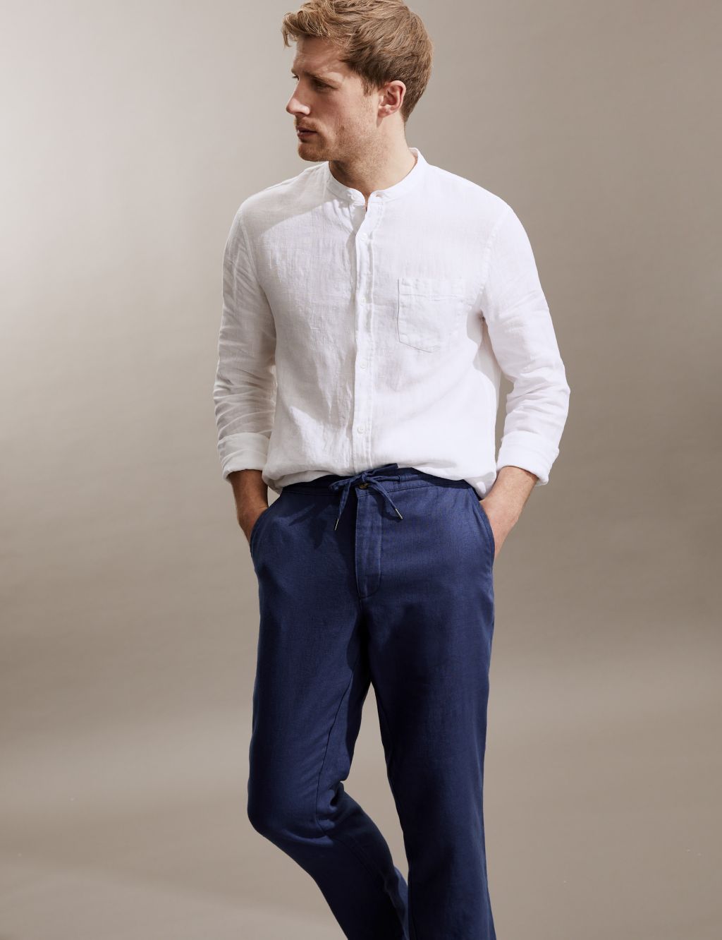 Tapered Fit Pure Linen Drawstring Trousers image 4