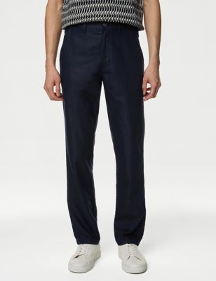 M&S Mens Regular Fit Linen Blend Trousers - 3233 - Navy, Navy,Stone,Sage,Black