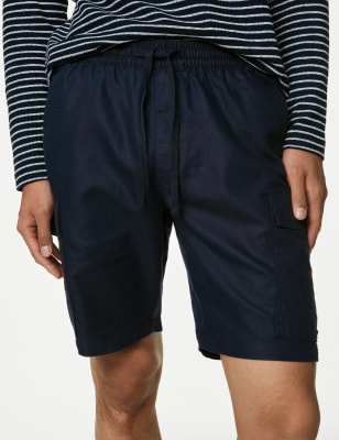 

Mens M&S Collection Linen Blend Elasticated Waist Utility Shorts - Dark Navy, Dark Navy