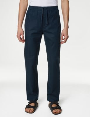 M&S Mens Tapered Fit Linen Blend Trousers - SLNG - Navy, Navy,Black,Camel,White,Air Force Blue,Mediu