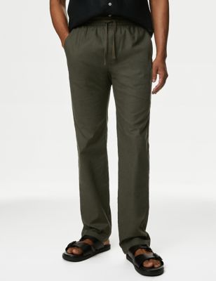 M&S Mens Tapered Fit Linen Blend Trousers - SSHT - Medium Khaki, Medium Khaki,Navy,Black,Air Force B