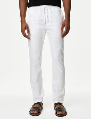M&S Men's Tapered Fit Linen Blend Trousers - MSHT - White, White,Black,Medium Khaki,Air Force Blue,N