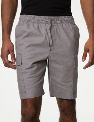 M&S Mens Linen Blend Elasticated Waist Cargo Shorts - XL - Grey, Grey,Dark Navy