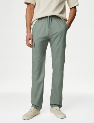 M&S Men's Linen Rich Elasticated Waist Cargo Trousers - XLSHT - Sage, Sage,Stone