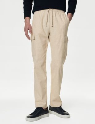 M&S Mens Linen Rich Elasticated Waist Cargo Trousers - SSTD - Stone, Stone,Sage