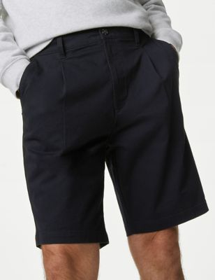 M&S Mens Single Pleat Stretch Chino Shorts - 38 - Navy, Navy,Neutral Brown