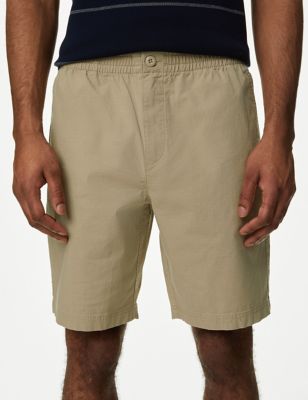 M&S Men's Elasticated Waist Ripstop Textured Shorts - Sand, Sand,Navy
