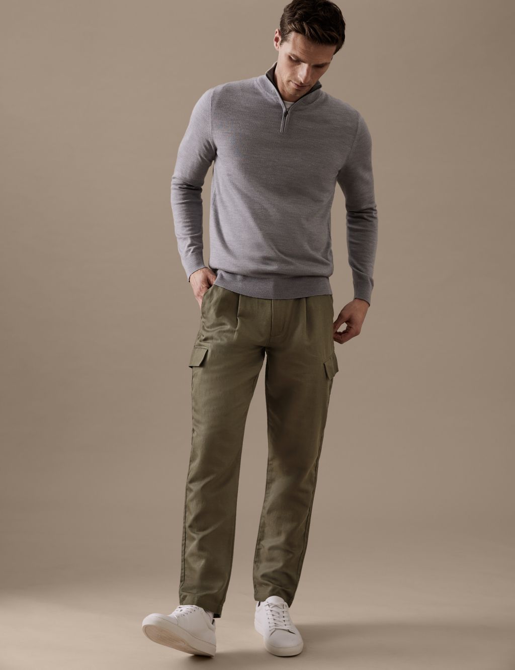 Regular Fit Linen Blend Cargo Trousers image 1