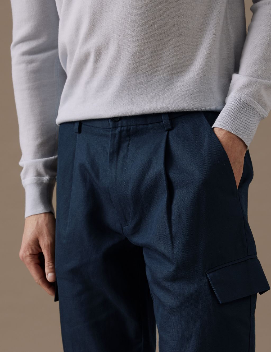 Regular Fit Linen Blend Cargo Trousers image 4