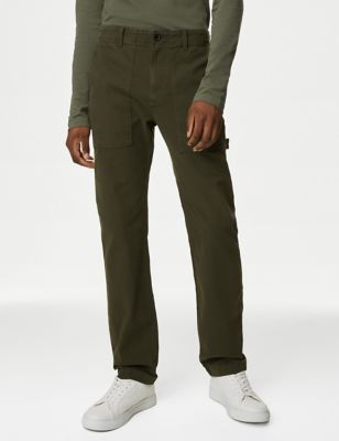 M&S Mens Straight Fit Utility Stretch Trousers - 3831 - Khaki, Khaki,Black,Brown