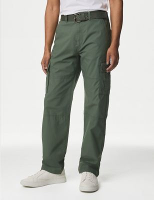 M&S Men's Loose Fit Belted Ripstop Textured Cargo Trousers - 3029 - Moss Green, Moss Green,Light Sto