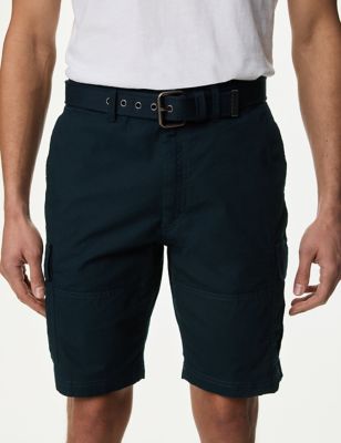 M&S Mens Pure Cotton Belted Cargo Shorts - 30 - Navy, Navy,Black