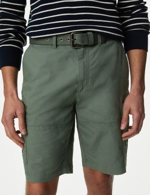 M&S Men's Pure Cotton Ripstop Textured Belted Cargo Shorts - 32 - Green, Green,Toffee,Navy,Black