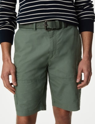 

Mens M&S Collection Pure Cotton Ripstop Textured Belted Cargo Shorts - Green, Green