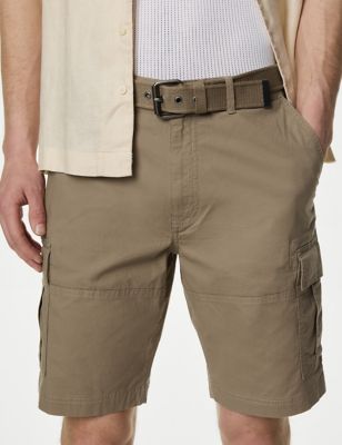Pure Cotton Ripstop Textured  Belted Cargo Shorts - ID
