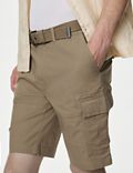 מכנסי קרגו קצרים מבד כותנה טהורה עמיד לקרעים עם טקסטורה וחגורה